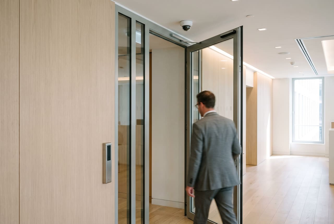 An office door with a Verkada reader on the wall beside it and a dome camera overhead, as someone walks through